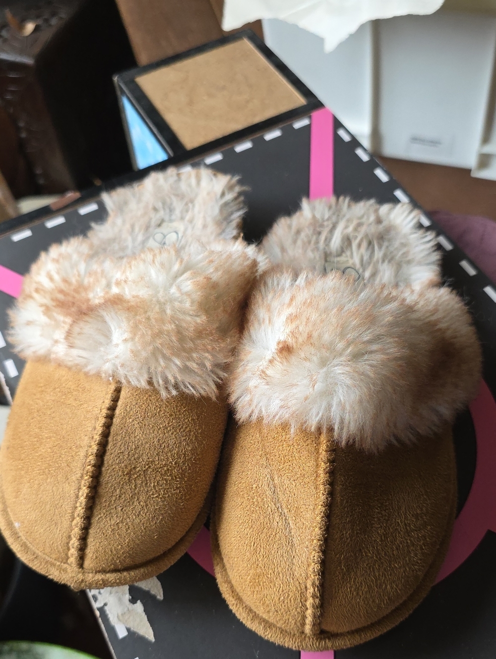 Jessica Simpson Kids Tan Faux-Suede Slip-On Slippers with Plush Cuff